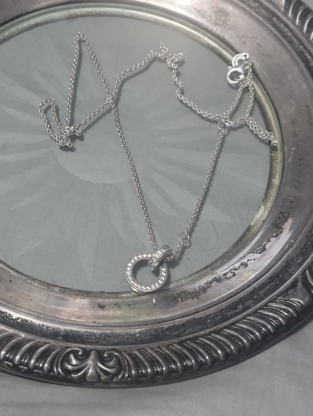 Elegant Pandora Sterling Silver Circle Pendant Necklace - White CZ Accents